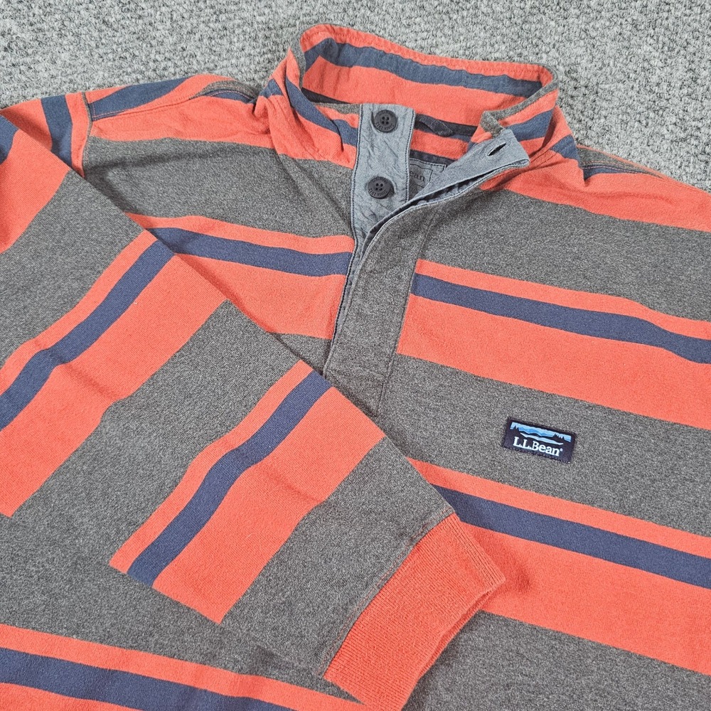LL Bean Mens‎ Pullover Rugby Shirt XXL Gray Orange Striped Long Sleeve Rugby